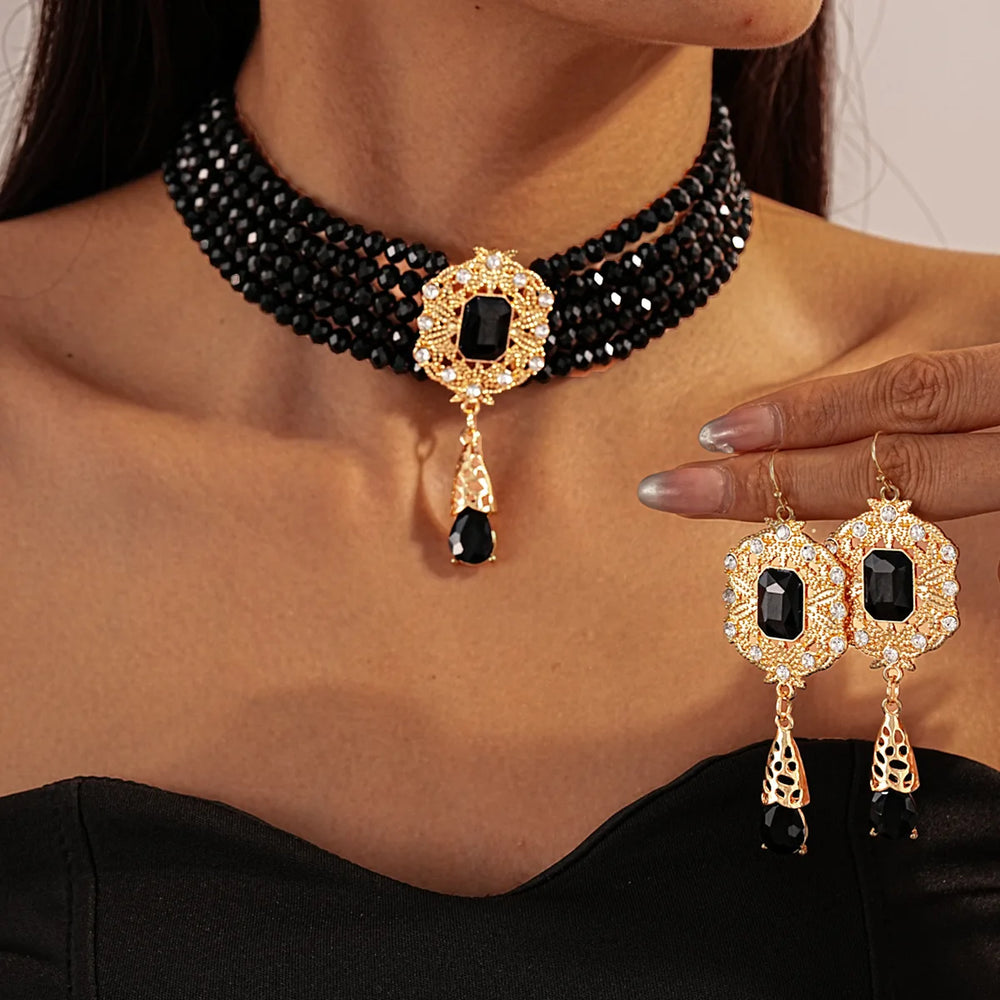 Vintage green, red, blue crystal necklace with geometric hollow alloy earrings from MC THE BLACK DIAMOND jewelry set for women.