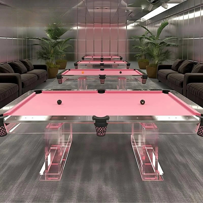Pink acrylic luxury billiard table by MC THE BLACK DIAMOND, stylish home entertainment table with modern design.