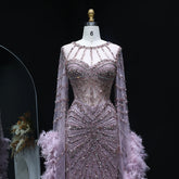 MC THE BLACK DIAMOND caramel beaded mermaid evening dress with feather cape sleeves for formal wedding and party occasions.