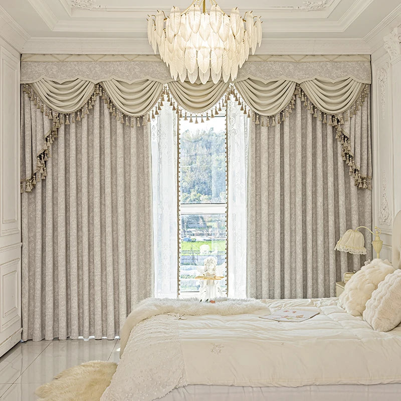 Beige Jacquard chenille curtains by MC THE BLACK DIAMOND, ideal for living rooms, bedrooms, and balconies with custom window screens.