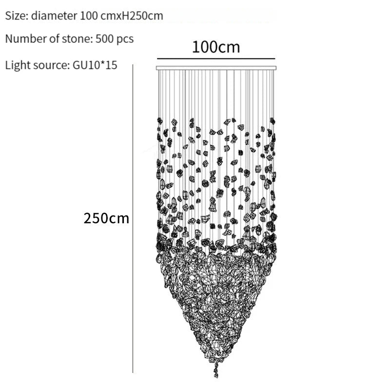 Black Art Luxury Stone Crystal Chandelier For Staircase Hallway Lobby Modern Cristal LED Hanging Lamp Home Indoor Light Fixtures
