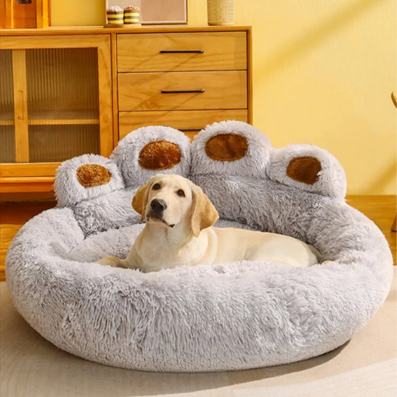Large MC THE BLACK DIAMOND fluffy dog bed with plush cave design, cozy pet bedding for large dogs and cats on sofa or floor.