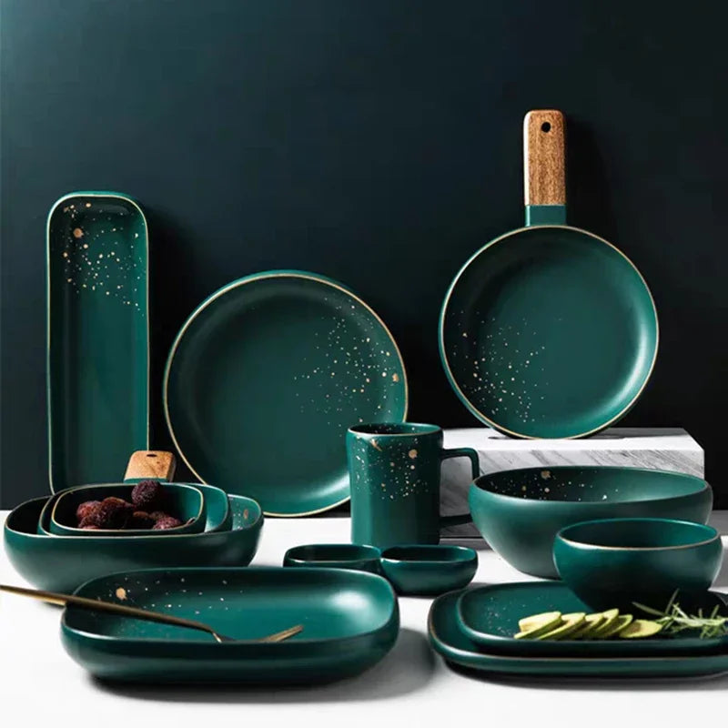 Nordic dark green ceramic Western plates and plate set by MC The Black Diamonds, kitchenware with stylish design.