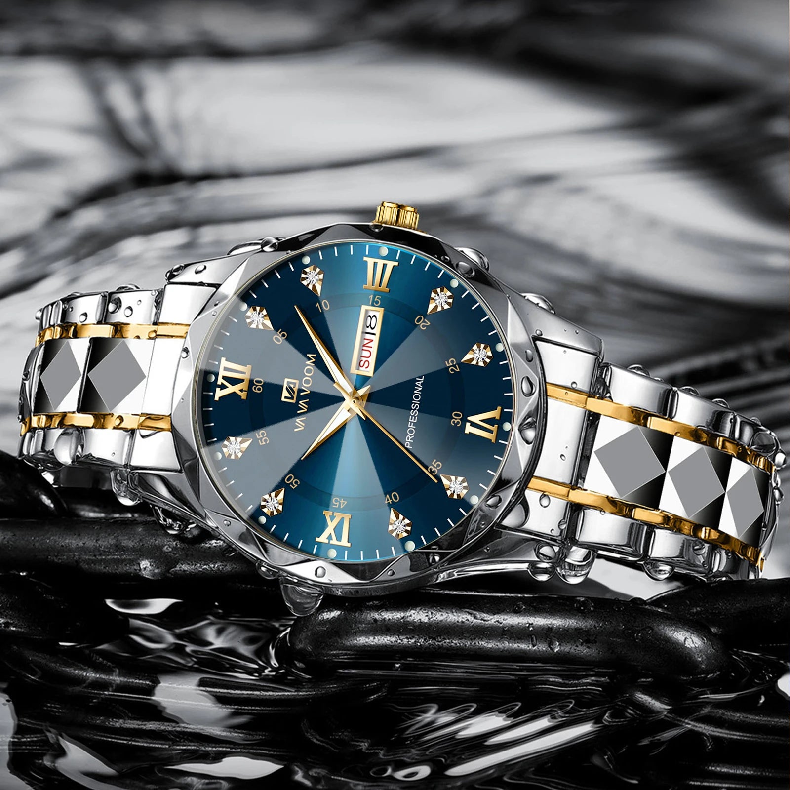 Men Watch Water Diamond Luxury Night Glow Double Calendar Quartz Movement 41mm Blue Gold Stainless Steel Fashion Business Watch - https://mohammadcollection.com