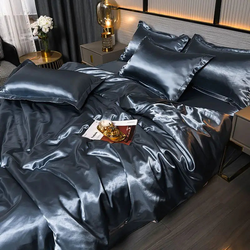 Luxurious MC THE BLACK DIAMOND Nordic satin silk bedding set with duvet cover, bed sheet, and pillowcases for elegant home decor.