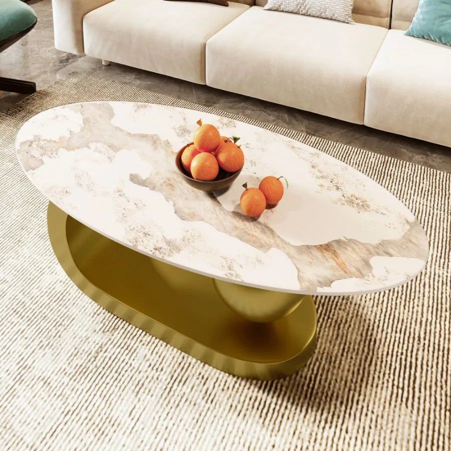 Modern Oval Coffee Table for Living Room Marble Pattern Sintered Stone Coffee Tabletop with Gold Stainless Steel Base in 47.2" - https://mohammadcollection.com