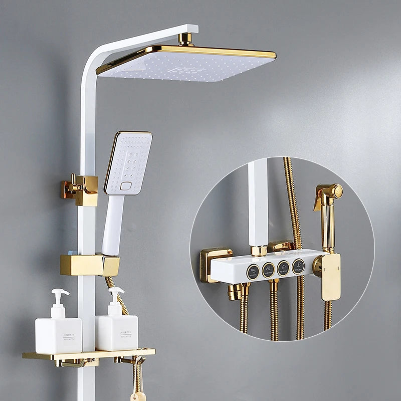 Luxury Hot Cold Digital Bathroom Shower System Thermostatic Brass Faucet Gold Digital Piano Control Rainfall Shower Head Set
