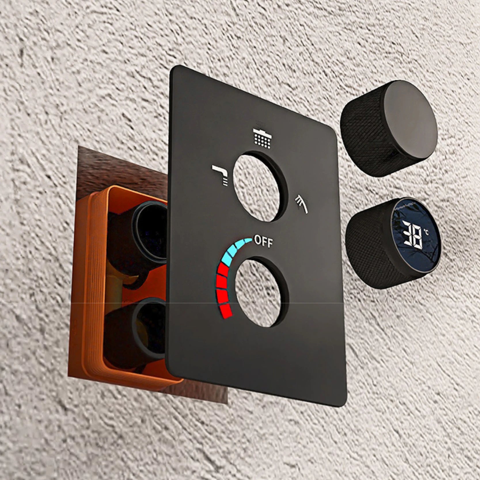 Luxury MC THE BLACK DIAMOND black shower system with wall-mounted design, LED digital display, and dual hot and cold control for baths.