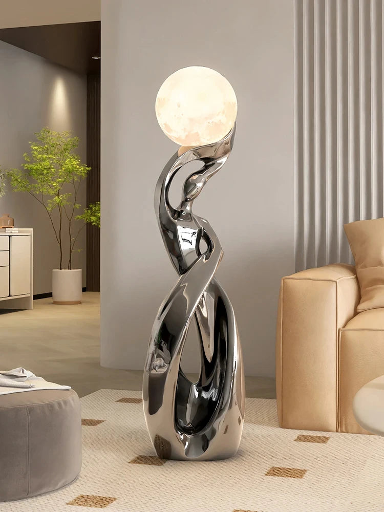 Abstract art sculpture by MC The Black Diamond, large luminous floor figurine for Nordic living room decor and housewarming gift.