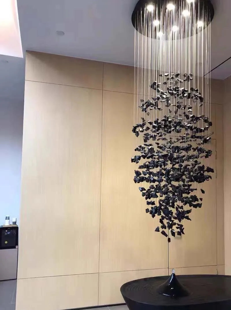 Black Art Luxury Stone Crystal Chandelier For Staircase Hallway Lobby Modern Cristal LED Hanging Lamp Home Indoor Light Fixtures