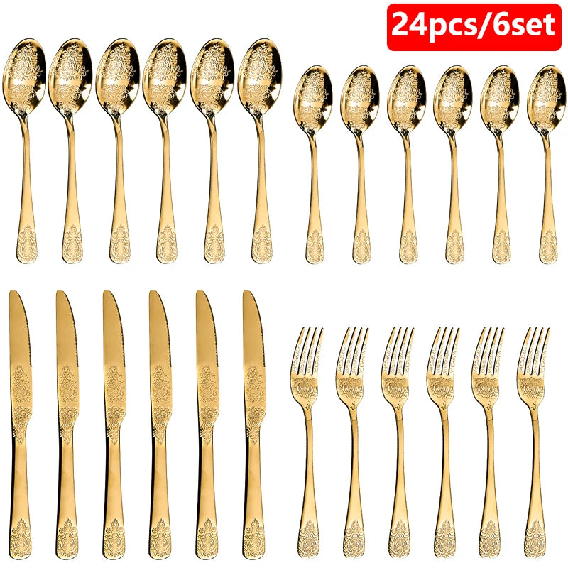 Set of 16/24 stainless steel silverware including forks, knives, and spoons from MC The Black Diamonds kitchen cutlery collection.