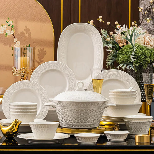 Luxury white Nordic ceramic dinnerware set including salad bowls, soup dishes, flat plates, and serving tray by 𝕄𝕔 𝕋𝕙𝕖 𝔹𝕝𝕒𝕔𝕜 𝔻�