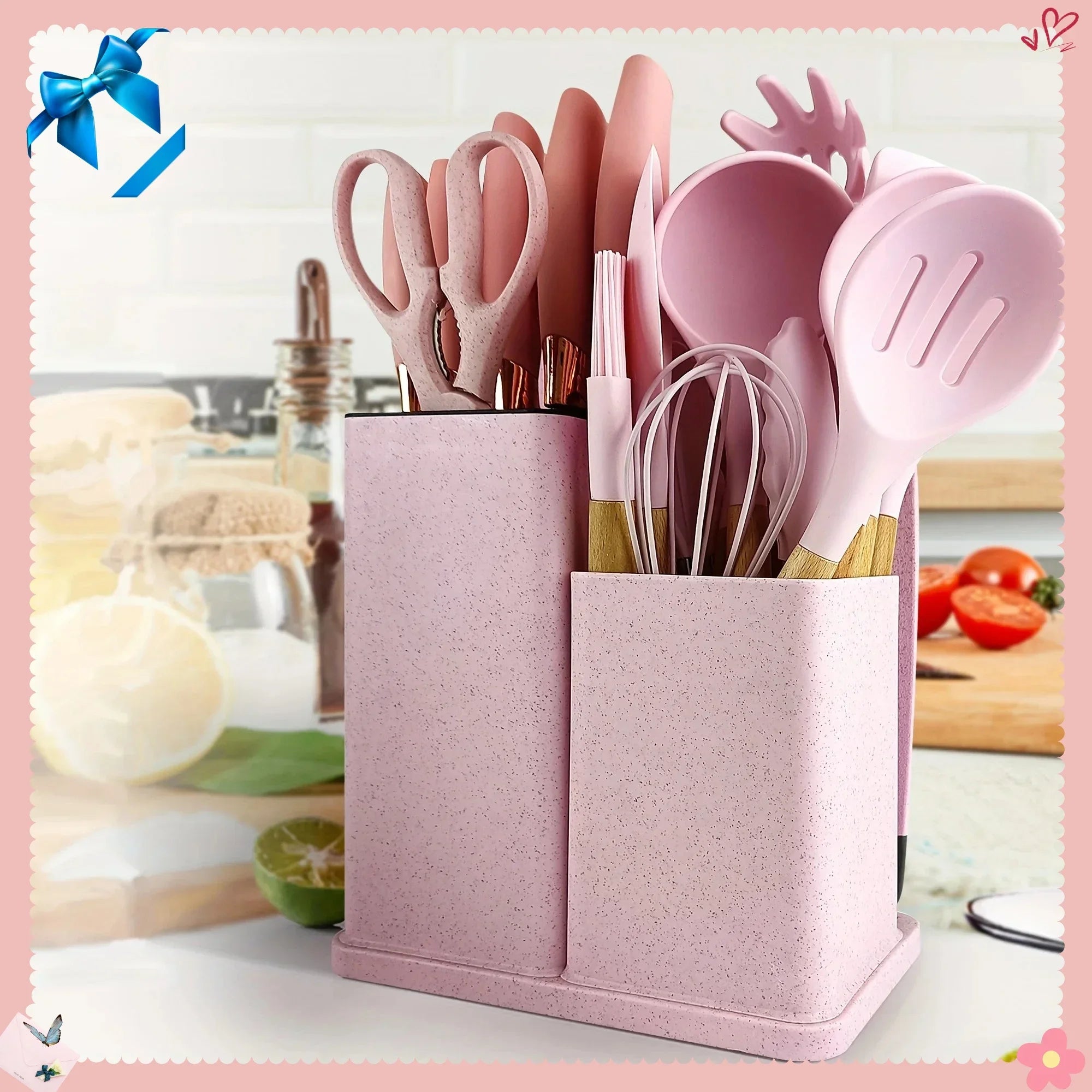 Set of 19 non-stick silicone kitchen utensils including spatulas, spoons, and tongs from MC The Black Diamonds, ideal for cooking and baking.