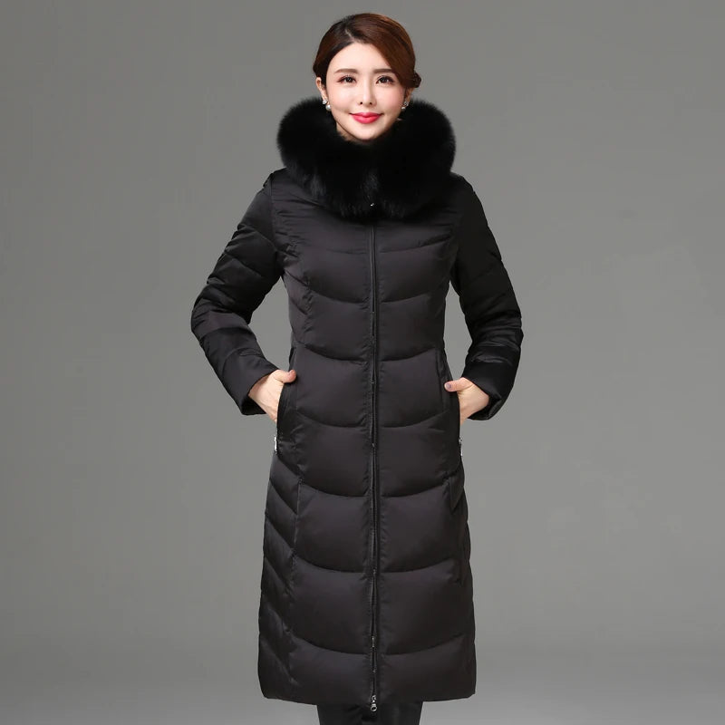 Shengyu Boya women's knee-length down jacket with thick fur collar, slim fit, ideal for middle-aged and elderly women, large size.