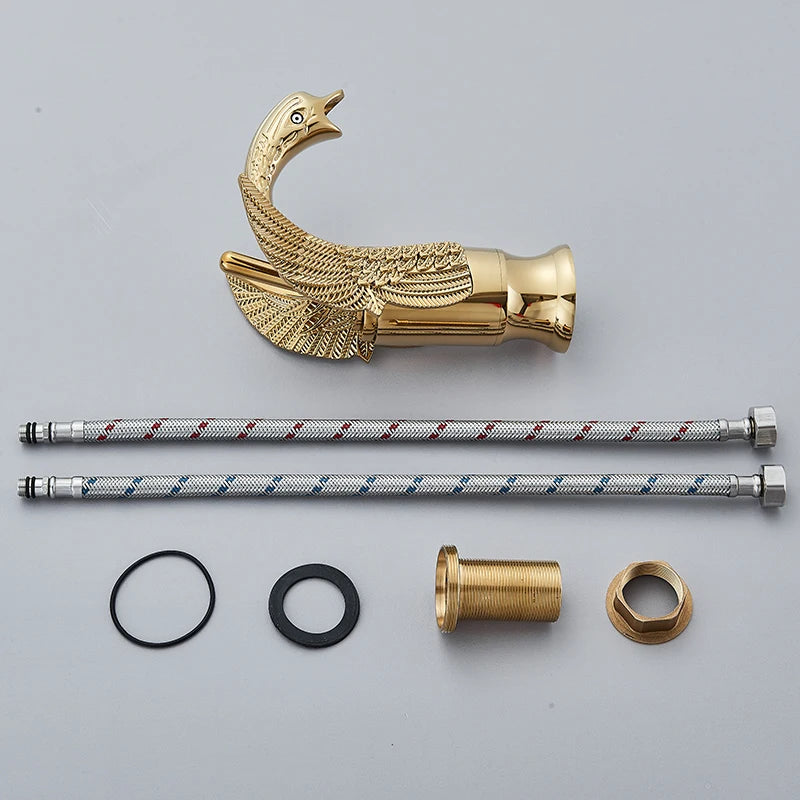 Golden Basin Faucet Deck Mount Sink Short Faucets Swan Shape Single Handle Sink Hot Cold Water Mixer Tap - https://mohammadcollection.com