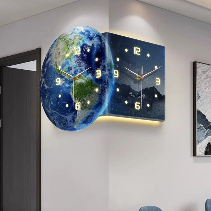 Earth Double Sided Corner Clock LED Wall Clock Modern Design Living Room Decoration Advanced Sense Wall Watch Home Wall Decor - 𝕄𝕮 𝕋𝕙𝕖 𝔹𝕝𝕒𝕔𝕜 𝔻𝕚𝕒𝕞𝕠𝕟𝕕