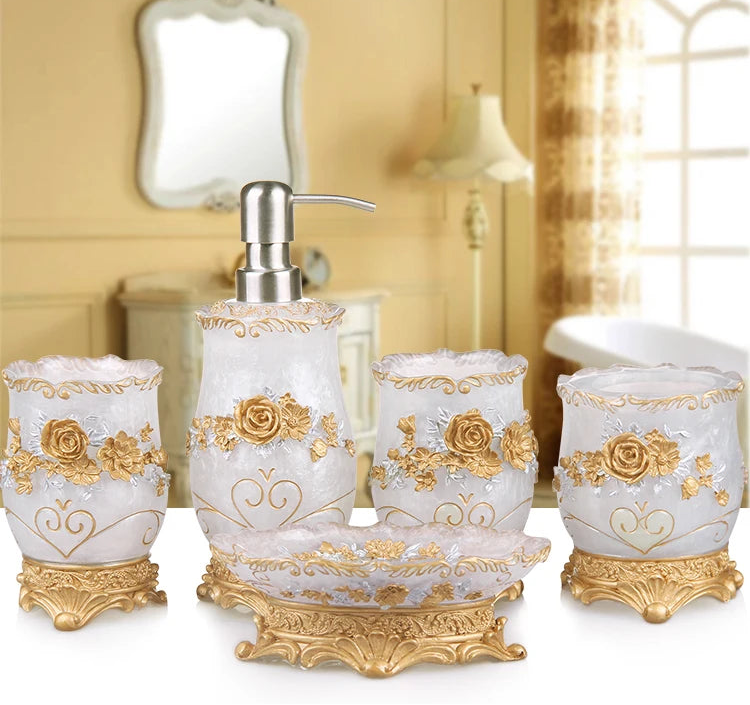 European Resin bathroom set including soap dispenser, toothbrush holder, cup, soap dish, toilet brush, and wastebin by MC THE BLACK DIAMOND