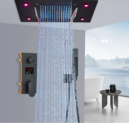 Matte black brass LED remote control for bathtub and shower faucets by MC THE BLACK DIAMOND, featuring modern design.