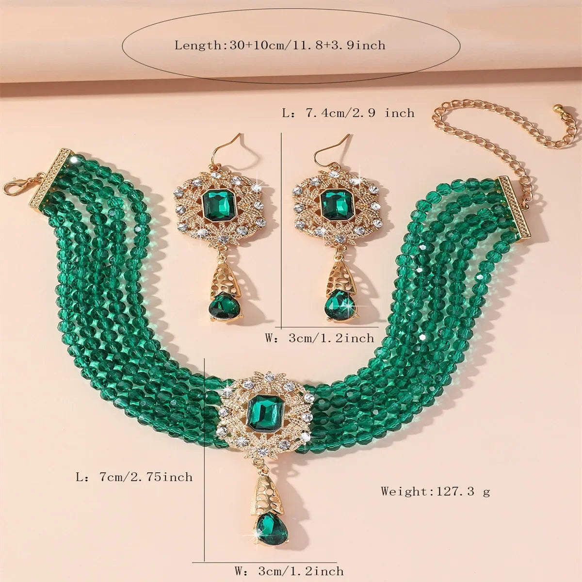 Vintage MC THE BLACK DIAMOND crystal necklace with green, red, blue, black geometric hollow alloy earrings for women wedding jewelry sets