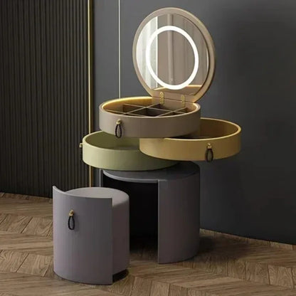 Modern MC THE BLACK DIAMOND makeup vanity with mirror, storage drawers, and matching stool, ideal for stylish dressing rooms.