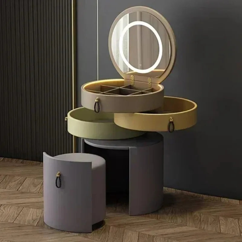 Modern MC THE BLACK DIAMOND makeup vanity with storage drawer, luxury mirror, and stool for elegant beauty organization
