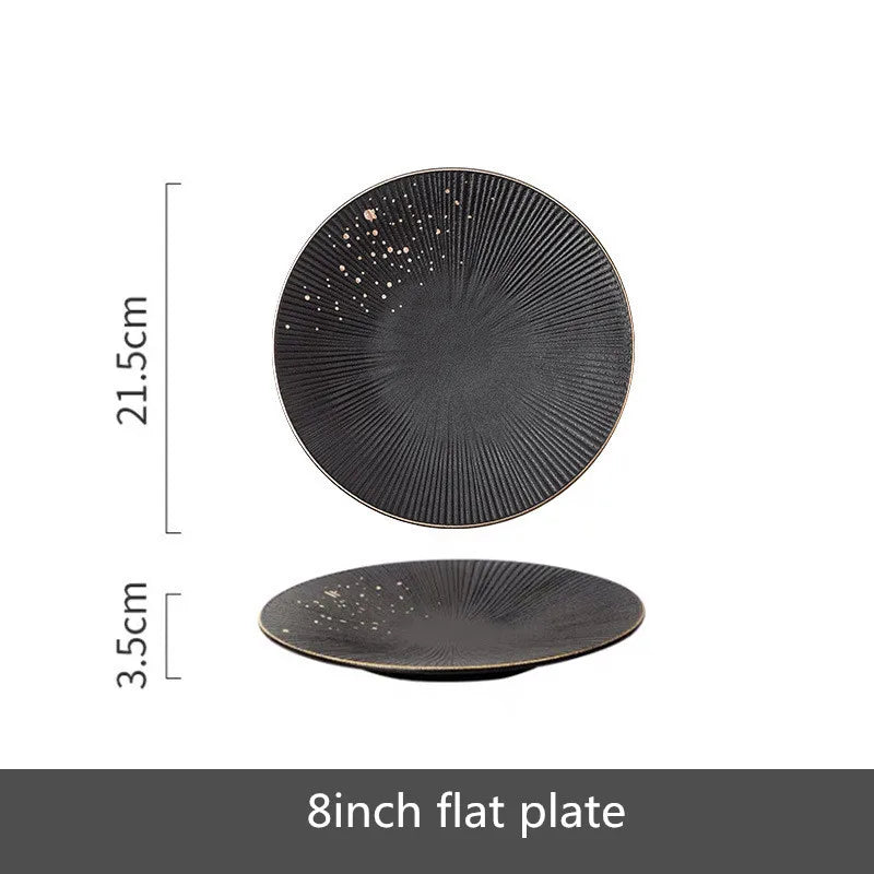 Black porcelain dinner plates with gold rim, set of tableware for rice, salad, and noodles by 𝕄𝕔 𝕋𝕙𝕖 𝔹𝕝𝕒𝕔𝕜 𝔻𝕚