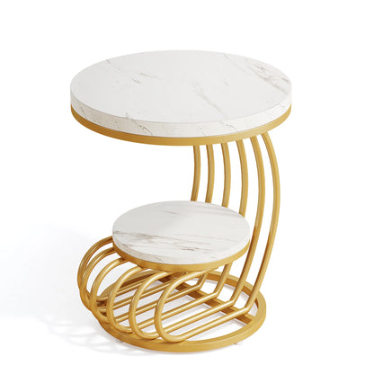 Tribesigns Gold Round End Table: 2 Tiers Faux Marble Side Table with Storage Shelf, Modern White Gold Bedside Nightstand - https://mohammadcollection.com
