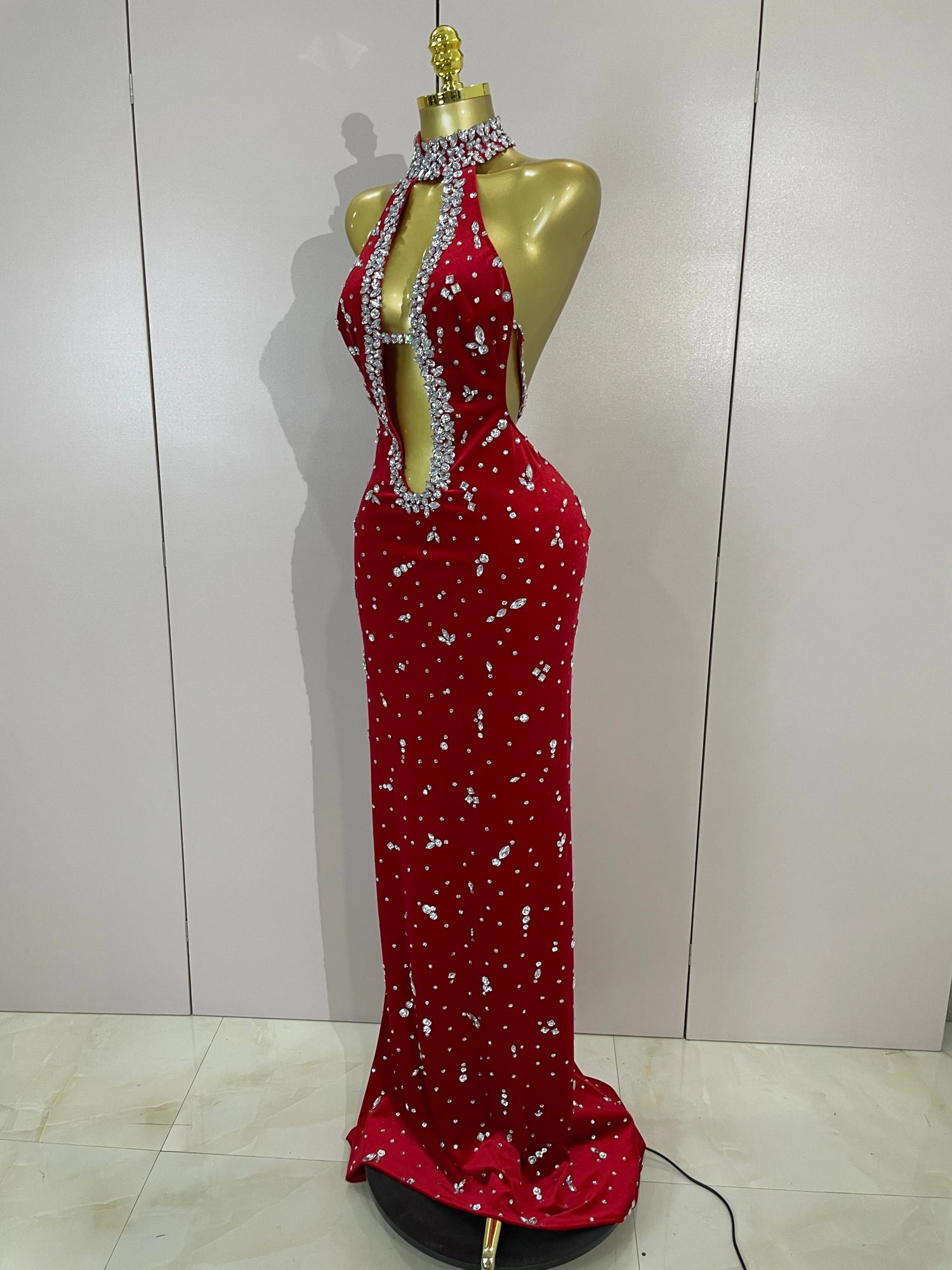 MC Sparkly Diamond Hollow Velvet Mermaid Long Dress