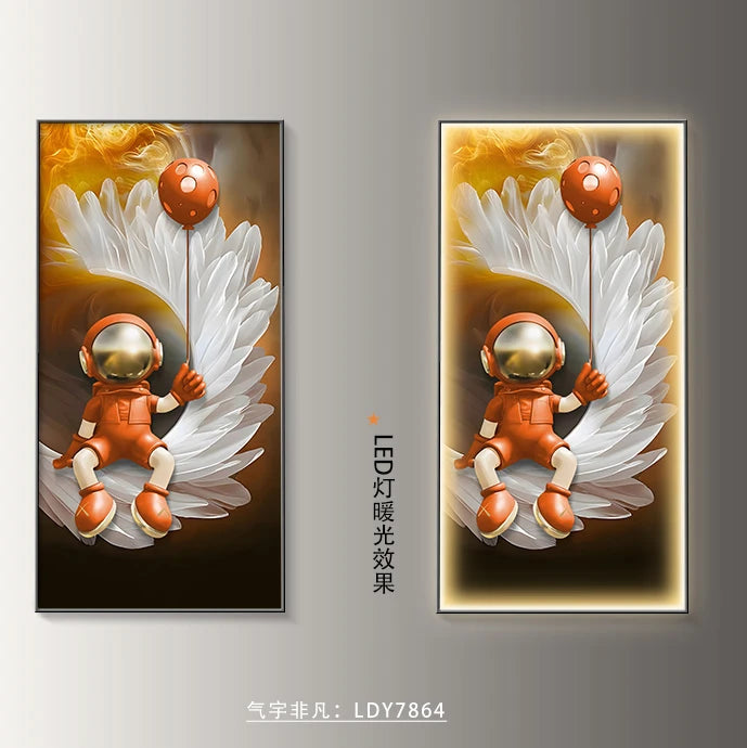 Modern art astronaut wall decor with LED lamp, luminous painting for living room or corridor, by MC THE BLACK DIAMOND.