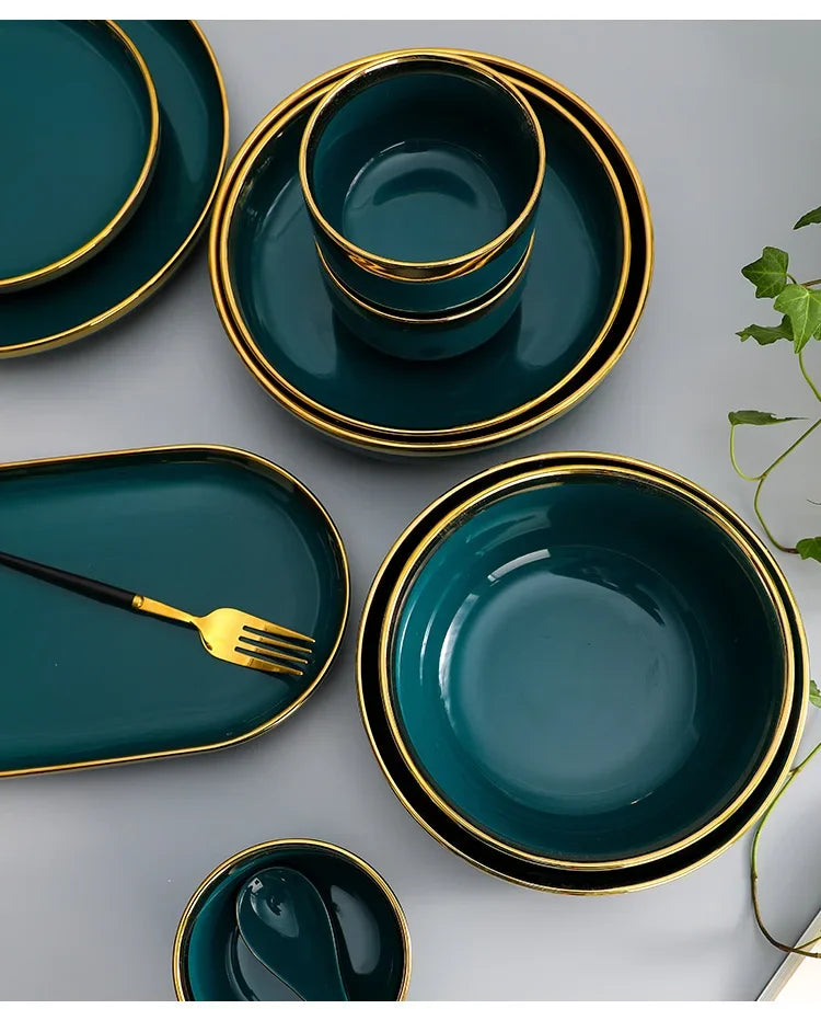 Green ceramic plate from Mc The Black Diamonds, steak food plate with a smooth surface and modern kitchen style.