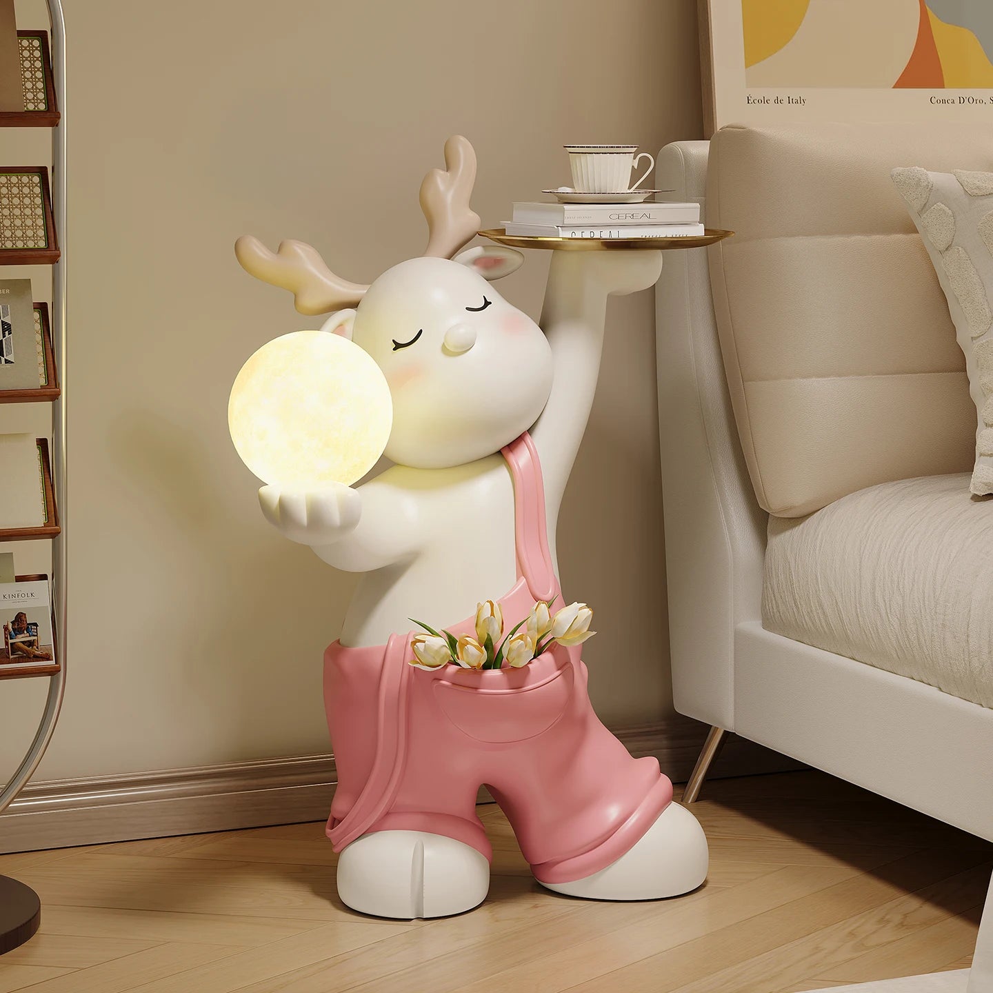 Luminous elk deer figurine by MC THE BLACK DIAMOND, decorative floor tray with creative storage rack and kawaii room accessory style.