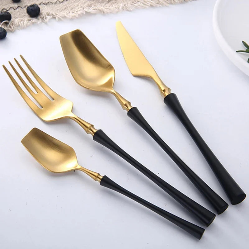 Mirror matte stainless steel black, gold, and silver dinnerware set by 𝕄𝕔 𝕋𝕙𝕖 𝔹𝕝𝕒𝕔𝕜 𝔻𝕚𝕒𝕞