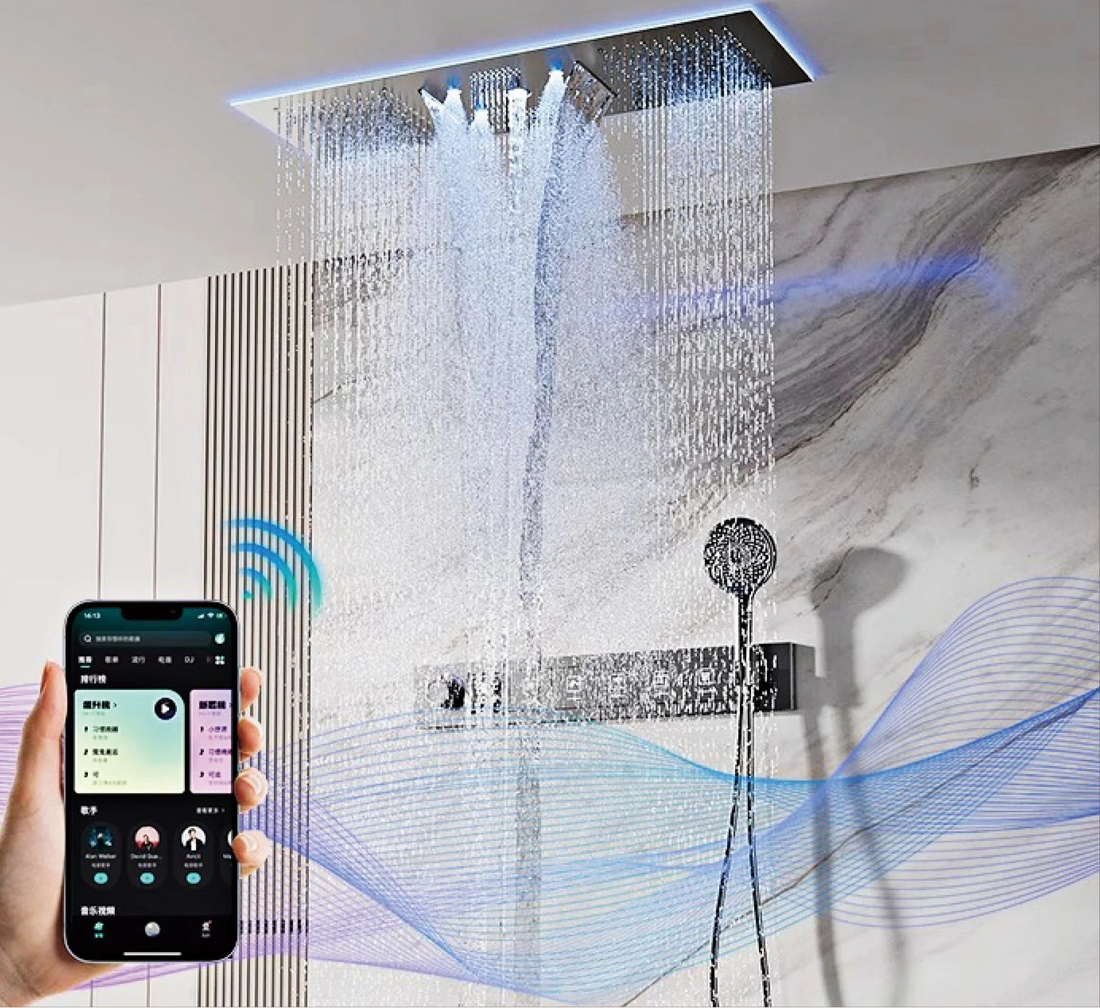 AITANA Luxury Brass Gunmetal LED Display Thermostatic Shower System Bathroom Ceiling embedded concealed giant curtain Rainfall - https://mohammadcollection.com