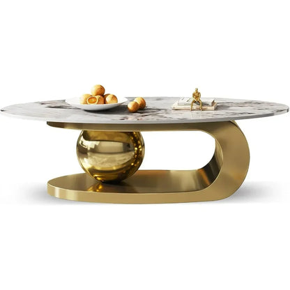 Modern Oval Stone Coffee Table with Abstract Gold Metal Base - Perfect  for Stylish Living Rooms-Gold,51"Lx28Wx16.5H - https://mohammadcollection.com