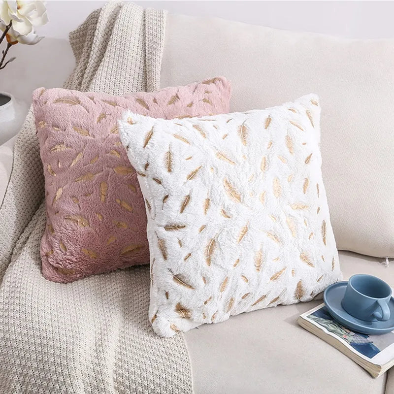 Gold feather velvet pillow cover with decorative plush design, suitable for sofa or car, 45x45 cm Nordic style by 𝕄𝕔 𝕋𝕙𝕖 𝔹𝕝𝕒𝕔𝕜 �