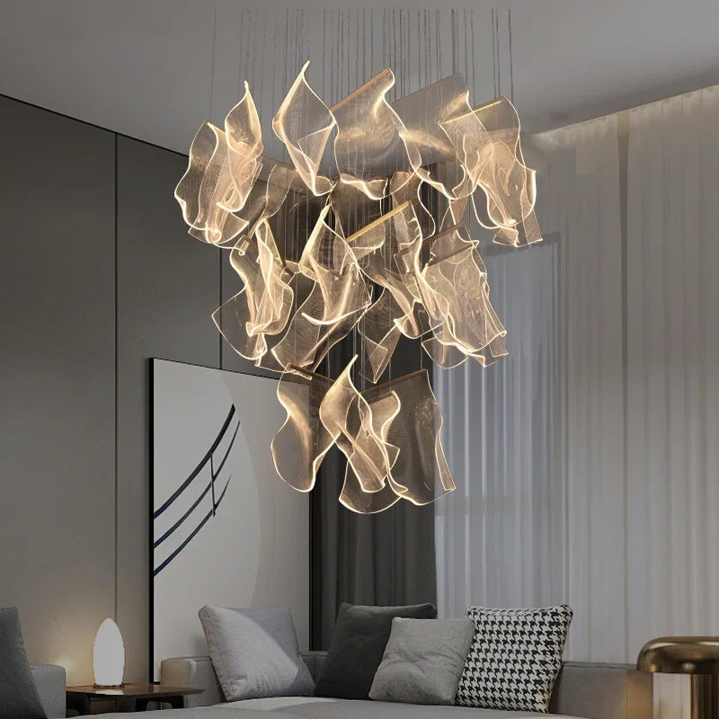Modern MC THE BLACK DIAMOND LED chandelier lighting fixture in a living and dining room setting with sleek design.