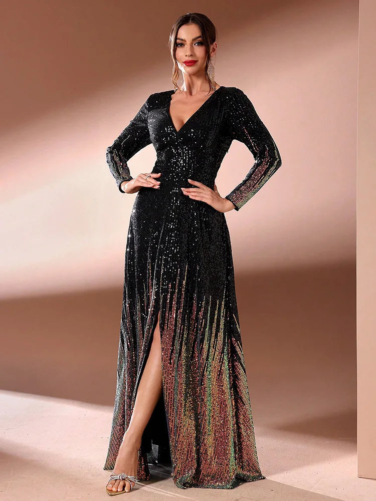 MC Women split hem evening gown by MC THE BLACK DIAMOND featuring long sleeves and a random cut design for elegant style.
