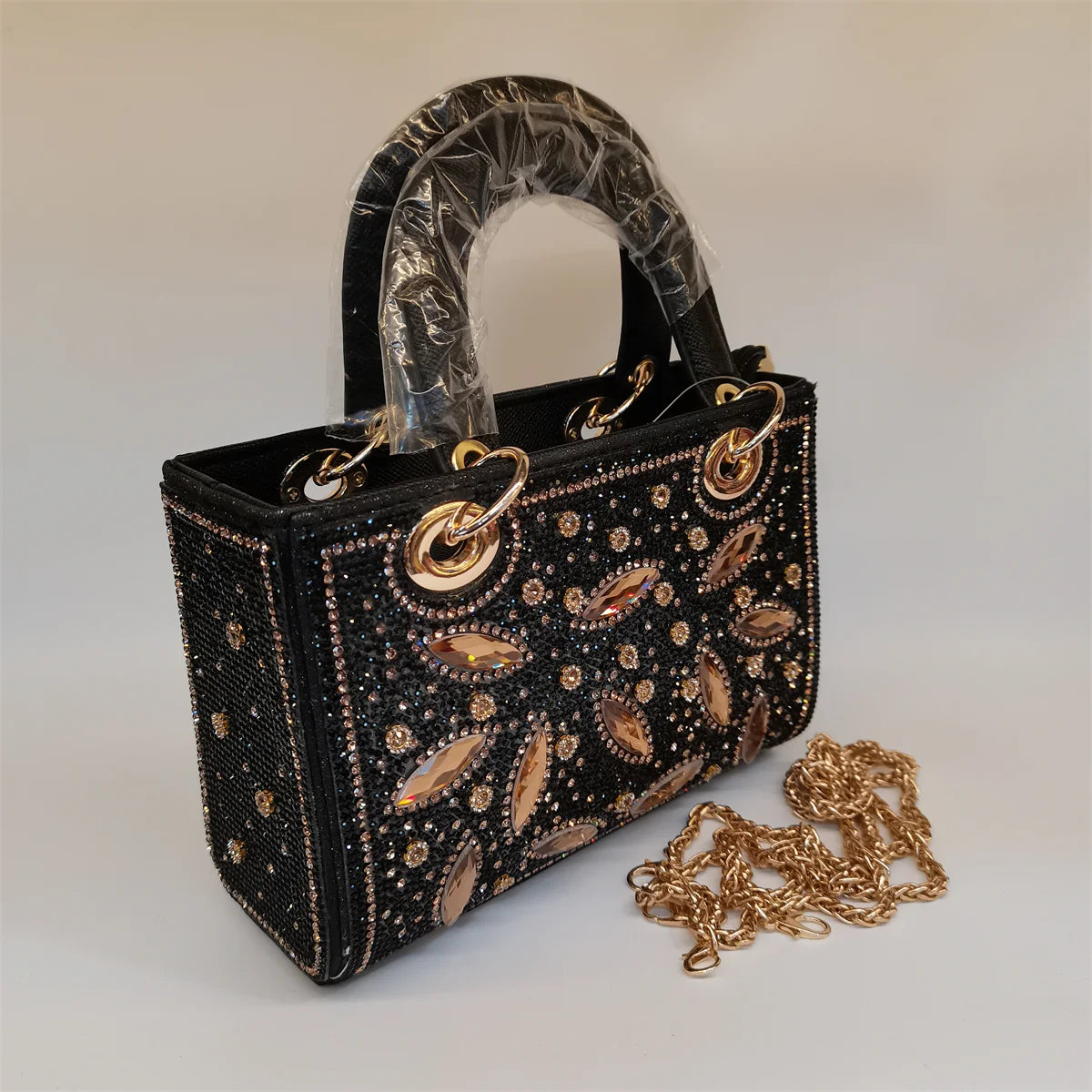 MC THE BLACK DIAMOND rhinestone evening handbag with long chain, embellished clutch for women, casual or formal occasions.