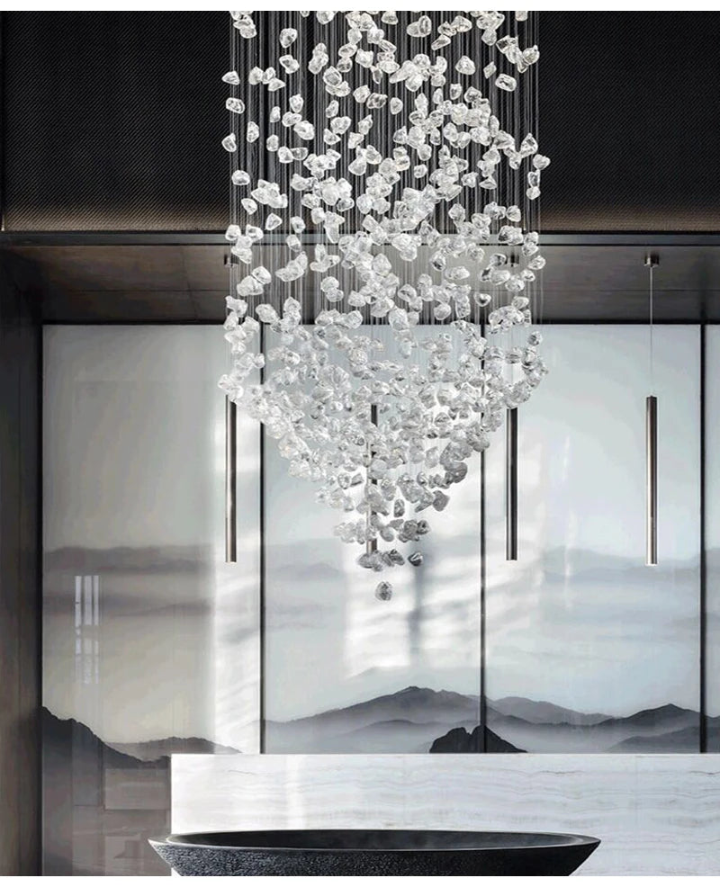 Black Art Luxury Stone Crystal Chandelier For Staircase Hallway Lobby Modern Cristal LED Hanging Lamp Home Indoor Light Fixtures