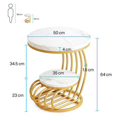Tribesigns Gold Round End Table: 2 Tiers Faux Marble Side Table with Storage Shelf, Modern White Gold Bedside Nightstand - https://mohammadcollection.com