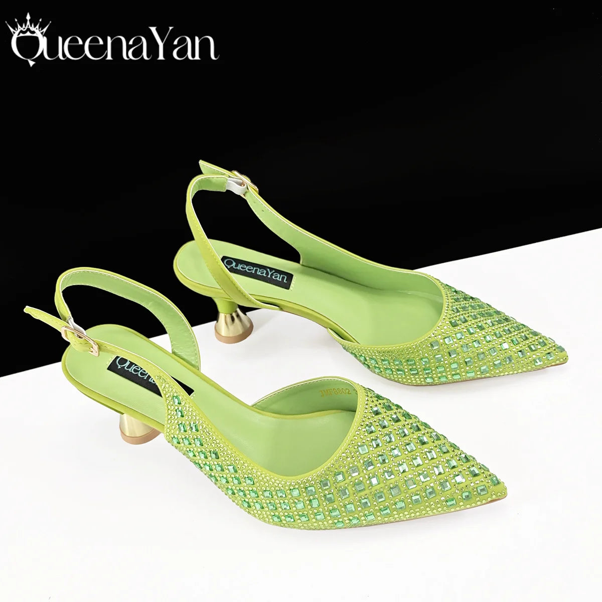 Queena Yan Italian design green pointed toe high heels and matching rhinestone clutch bag set for women’s party wear.