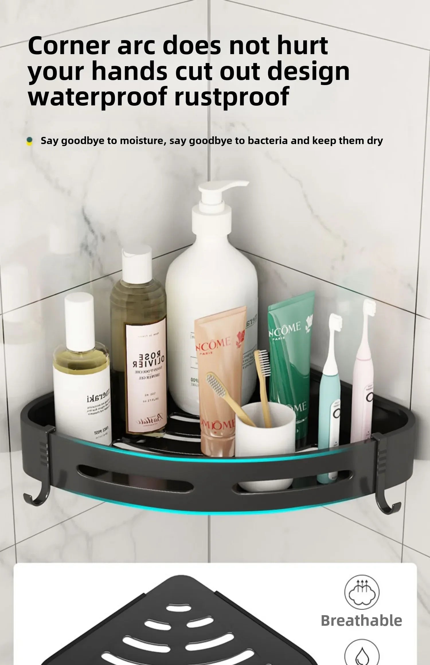 MC The Black Diamonds no-drill shower caddy and bathroom organizer with multiple shelves for toiletries and shower essentials