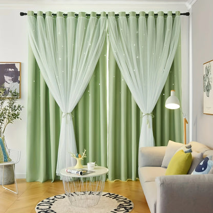 2 Panel Blue Romantic Sheer Girls Curtains Double-Layer Princess Curtains Hollow Stars Blackout Curtains Star Ins Gauze Curtains - https://mohammadcollection.com
