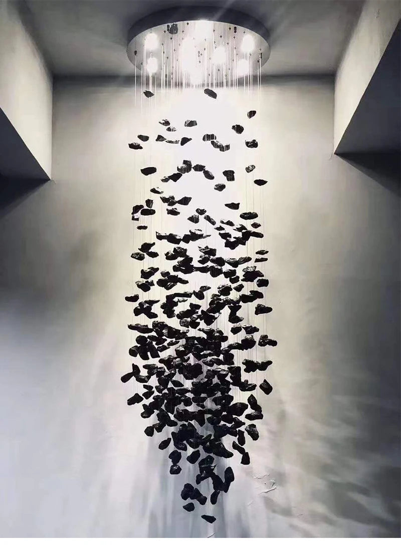 Black Art Luxury Stone Crystal Chandelier For Staircase Hallway Lobby Modern Cristal LED Hanging Lamp Home Indoor Light Fixtures