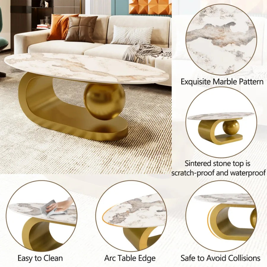 Modern Oval Coffee Table for Living Room Marble Pattern Sintered Stone Coffee Tabletop with Gold Stainless Steel Base in 47.2" - https://mohammadcollection.com