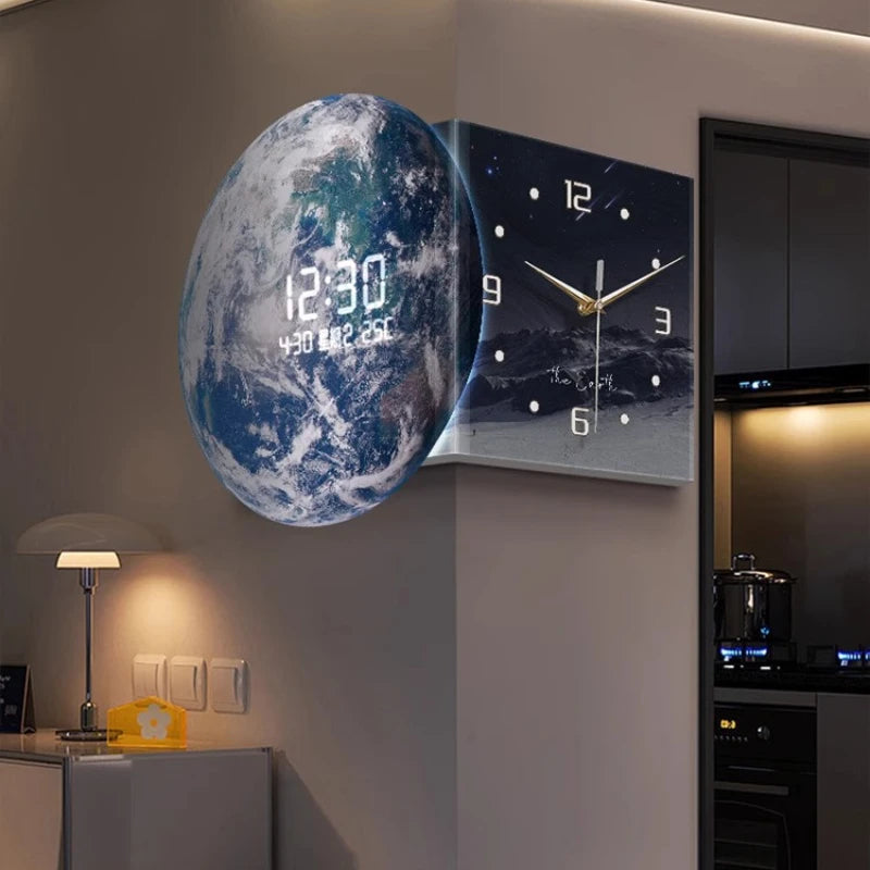 Earth Double Sided Corner Clock LED Wall Clock Modern Design Living Room Decoration Advanced Sense Wall Watch Home Wall Decor - 𝕄𝕮 𝕋𝕙𝕖 𝔹𝕝𝕒𝕔𝕜 𝔻𝕚𝕒𝕞𝕠𝕟𝕕