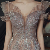 MC THE BLACK DIAMOND fairy dreamy mesh off-shoulder cheongsam, elegant maxi dress with applique for evening parties