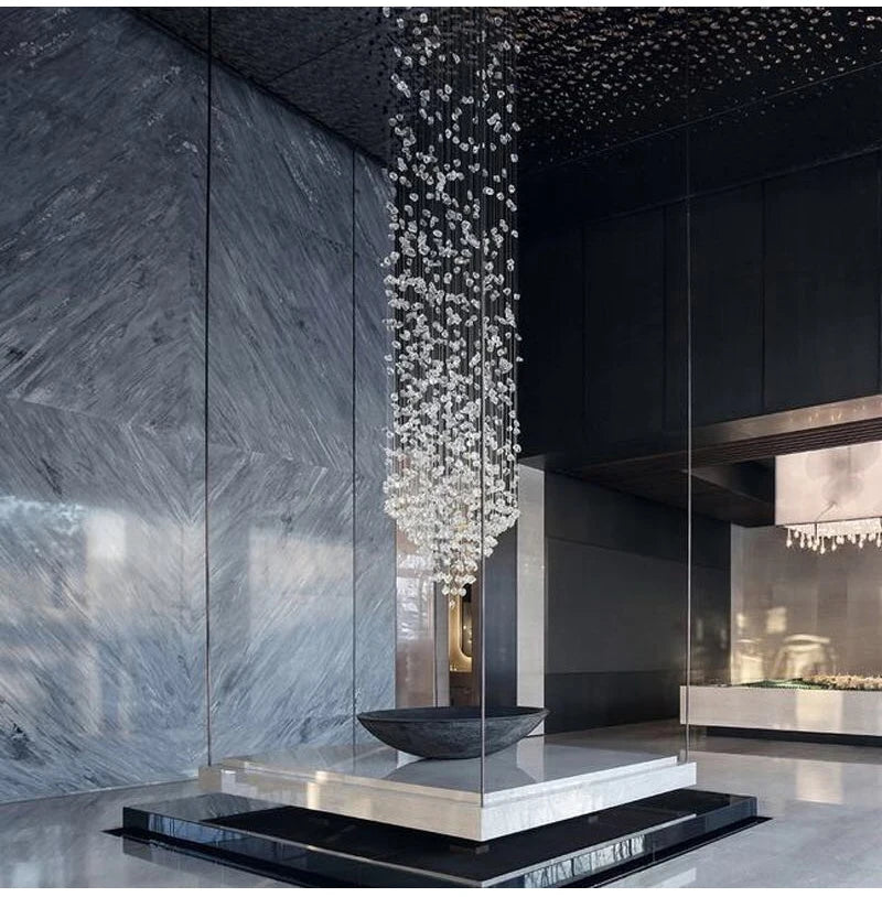 Black Art Luxury Stone Crystal Chandelier For Staircase Hallway Lobby Modern Cristal LED Hanging Lamp Home Indoor Light Fixtures