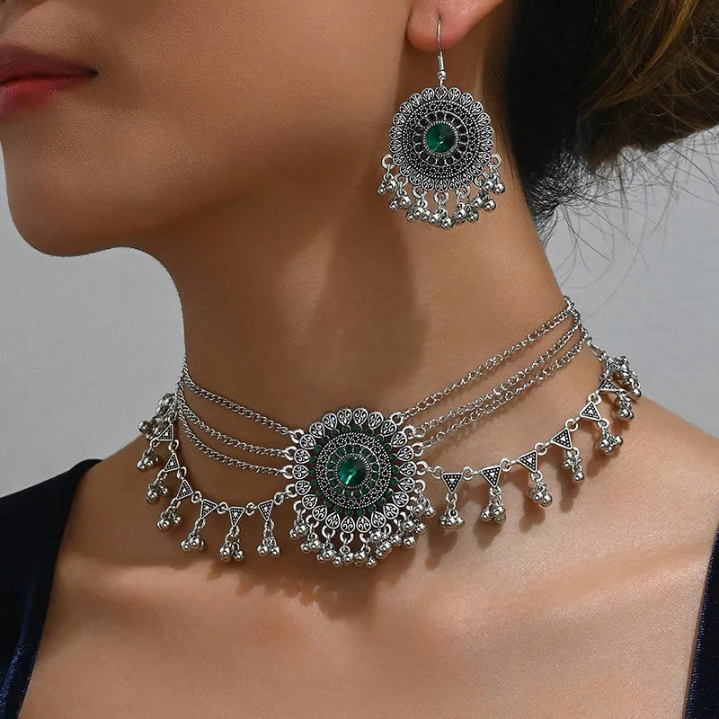 MC THE BLACK DIAMOND rhinestone jewelry set featuring multilayer collar necklace with metal beads and tassel earrings for women.