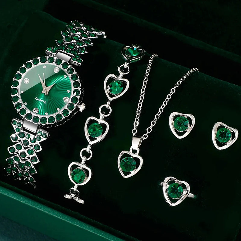 Women Fashion Watches Heart Rhinestone Ring Necklace Earring Jewelry Set Luxury Dress Quartz WristWatch Simple Elegant Watch Gif - https://mohammadcollection.com